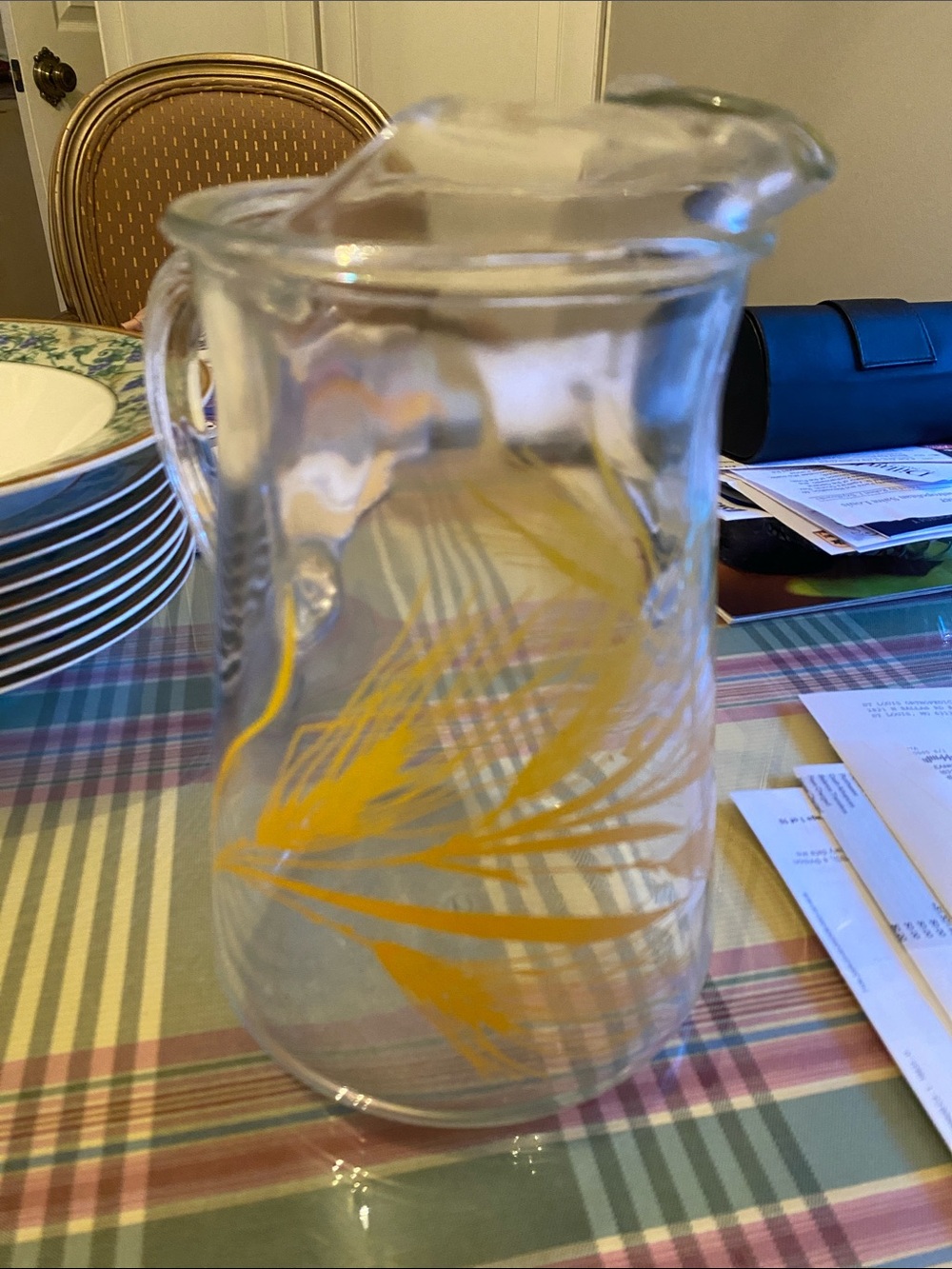 Vintage Libbey Clear Glass Pitcher with golden Wheat Motif